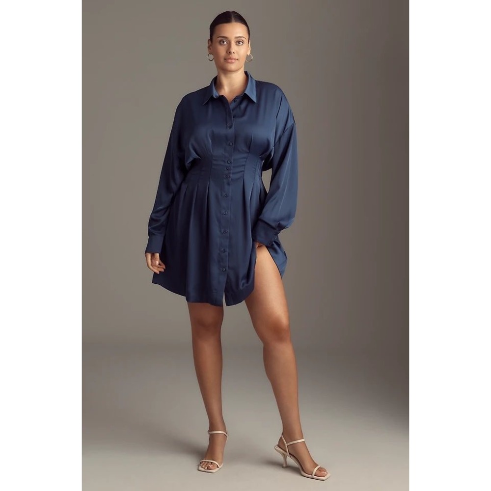 Anthropologie Tobie Long-Sleeve Satin Mini Shirt Dress
Navy 1X NWT